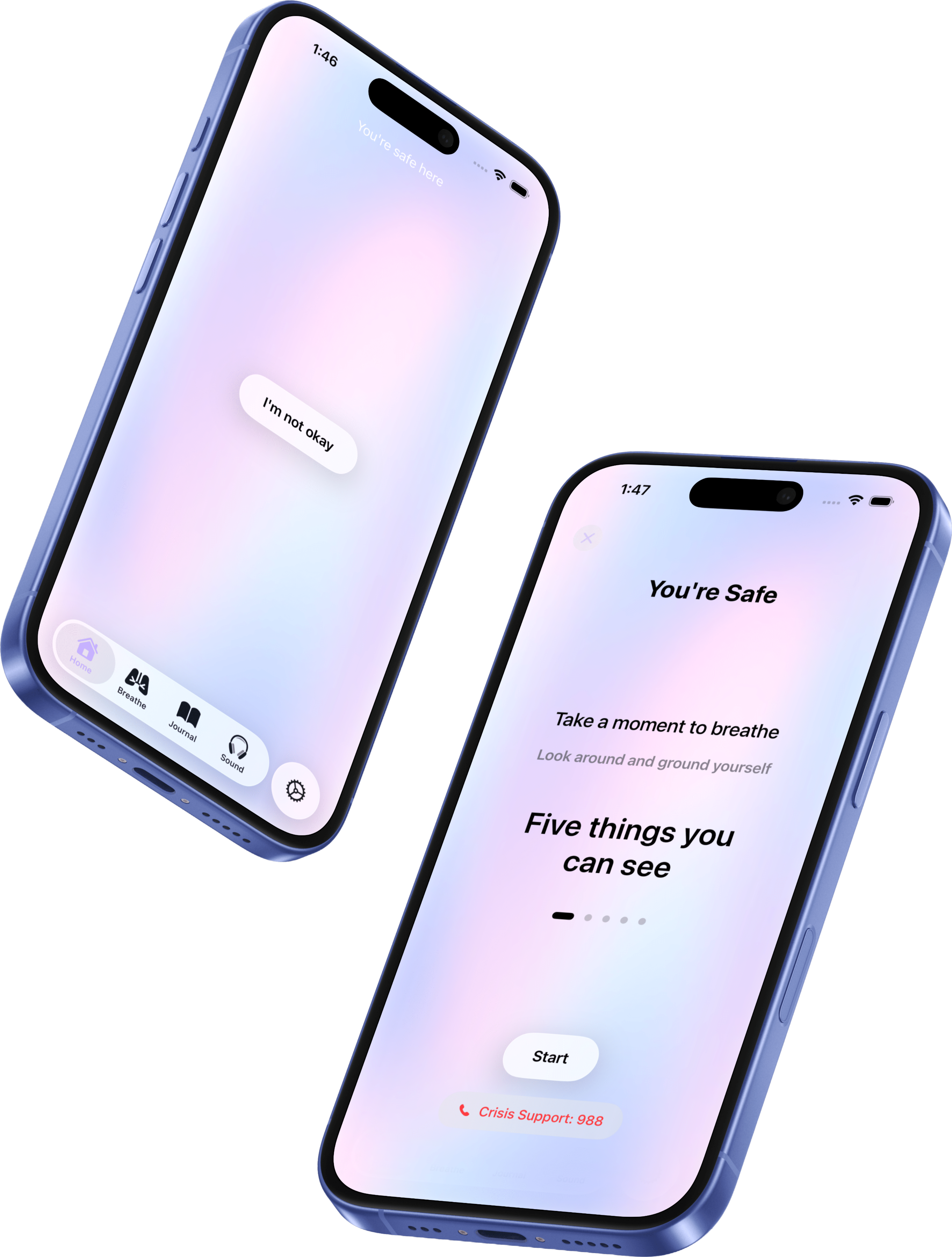 Breathe With Us mental health app interface mockup showing panic attack prevention features on iPhone
