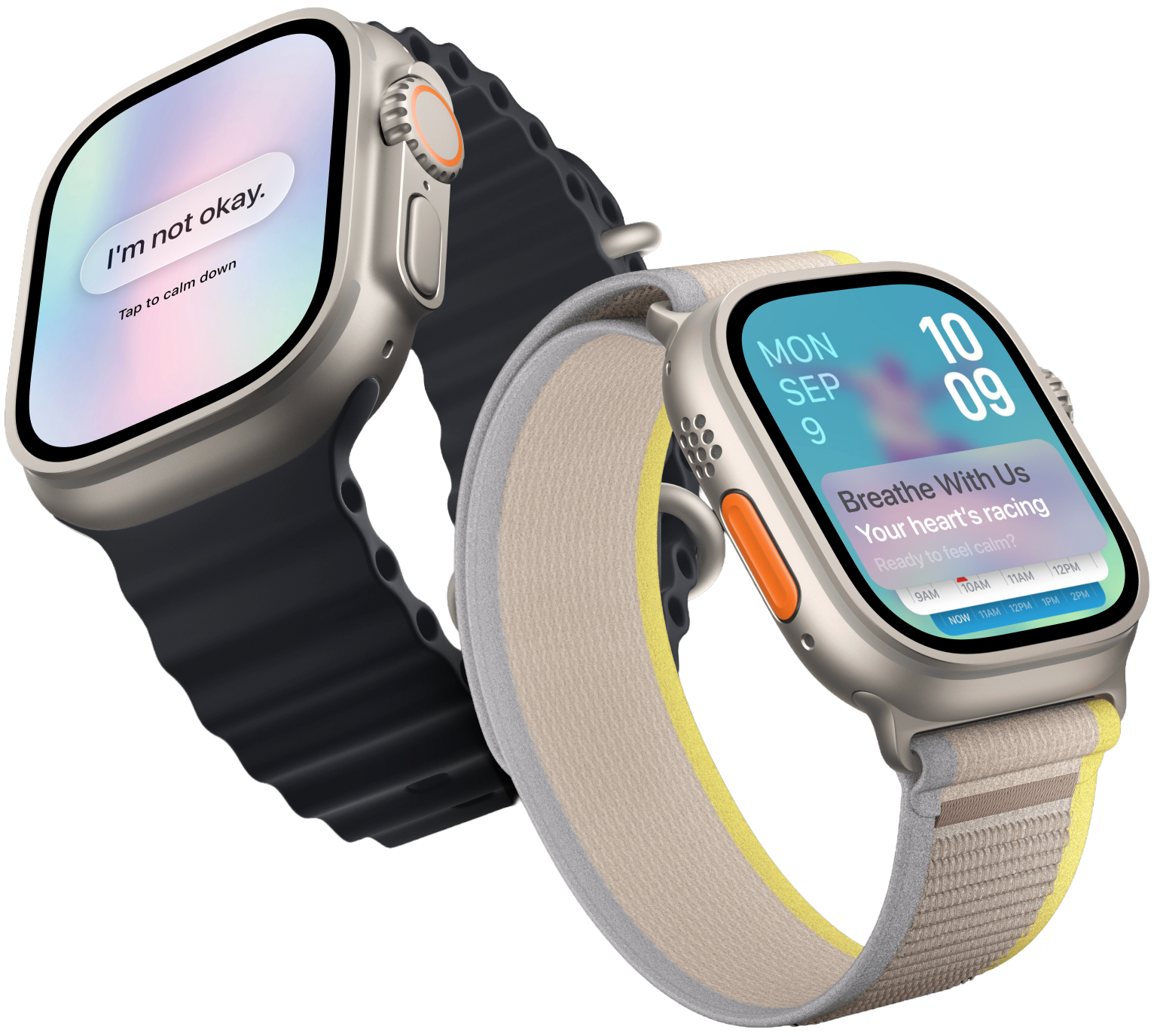 Apple Watch displaying Breathe With Us panic attack monitoring interface with heart rate data